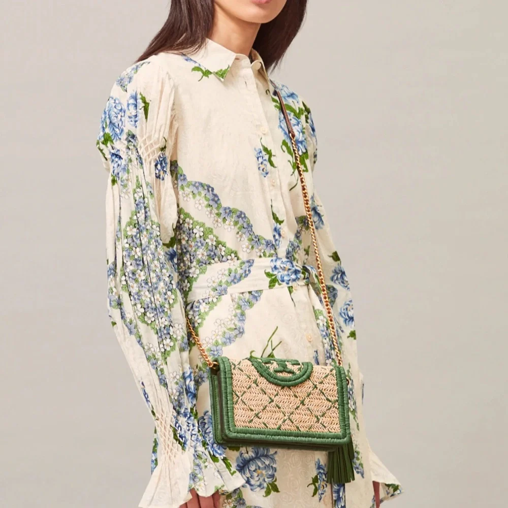 Tory Burch Straw Crossbody Bag with Green Trim and Gold Chain